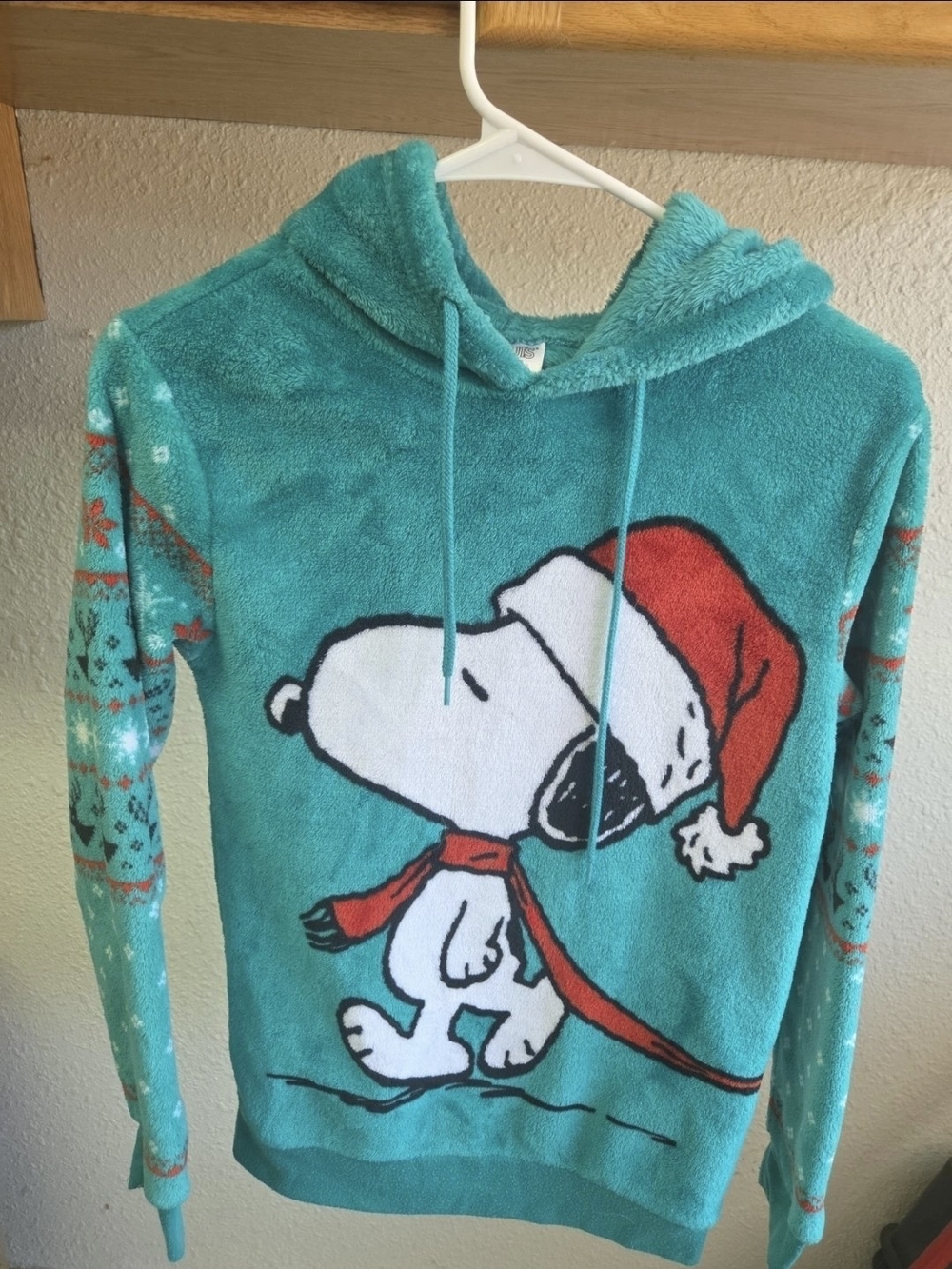 Peanuts Teal Snoopy Holiday Hoodie Pajama Top with Red Accents